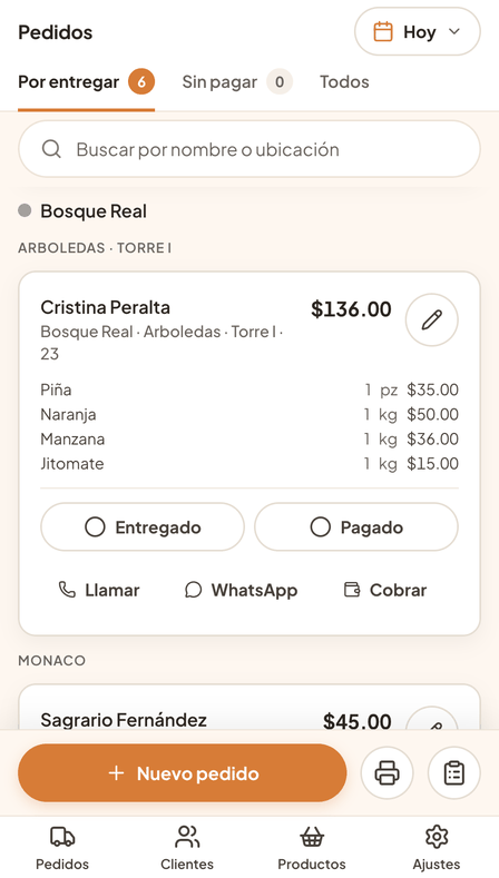Panel de pedidos por entregar en Fruktela