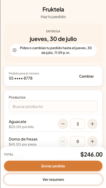Página de pedidos de Fruktela vista por el cliente en su celular