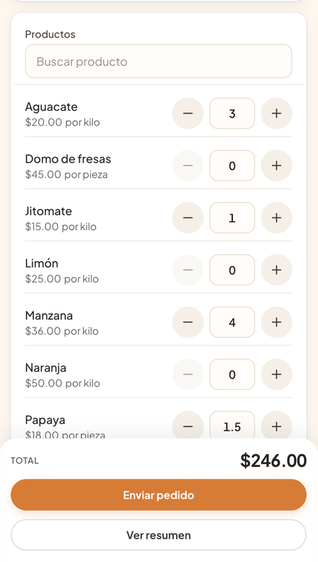 El cliente elige productos y cantidades del catálogo