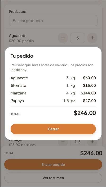 Resumen del pedido antes de enviarlo
